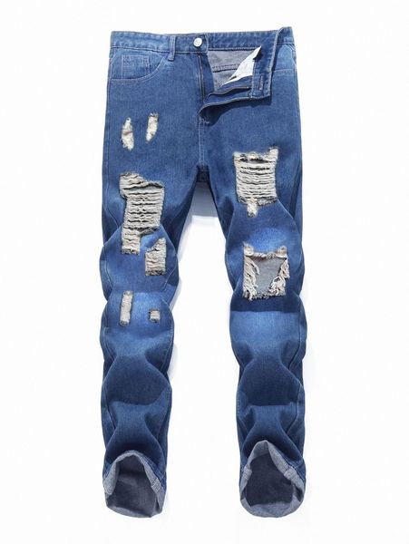 

romwe guys solid ripped jeans j2em#, Blue
