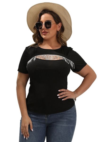 

plus cut out sequins fringe tee 80rz#, Black
