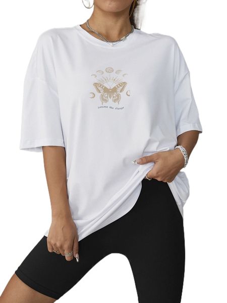 

drop shoulder butterfly & slogan pattern tee z4wh#, White