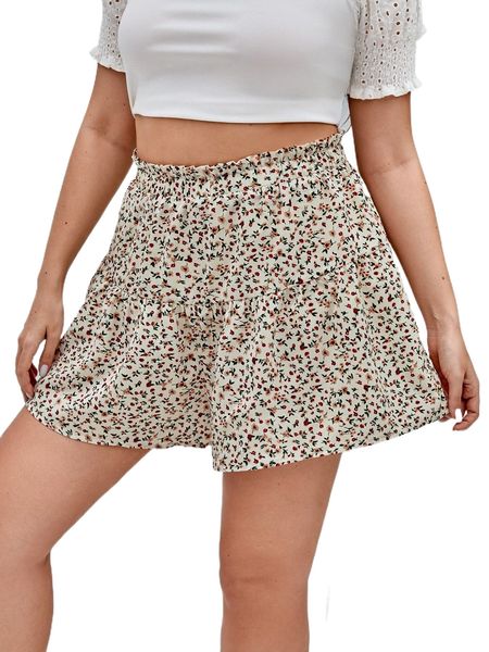

plus ditsy floral paperbag waist ruffle hem shorts h5pb#, Black