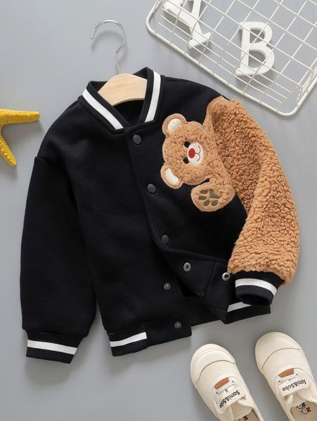 

toddler boys bear embroidery contrast teddy bomber jacket she, Blue;gray