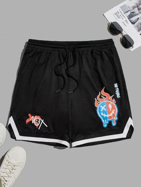 

men letter & expression print striped trim drawstring waist shorts f8dj#, White;black