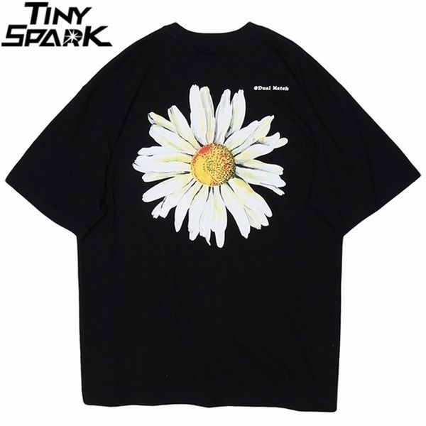 

men hip hop t shirt streetwear chrysanthemum daisy t-shirt summer harajuku tshirt cotton short sleeve black tee flower 210329, White;black