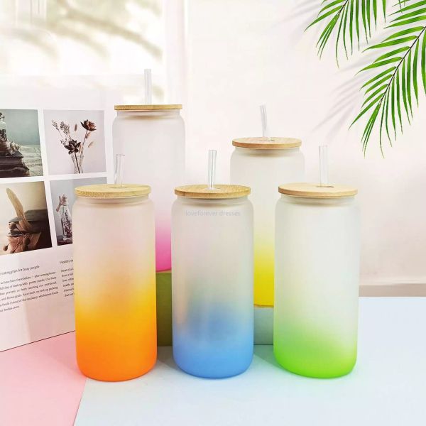 

16oz sublimation blanks mug jar wide mouth glass cups tumbler cans beer coffee water bottle frosted gradient color glasses with bamboo lids