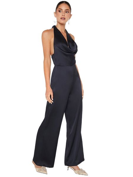 

draped collar tie backless satin halter jumpsuit o3mb#, Black;white