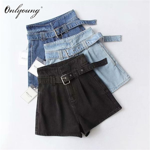 

onlyoung 2019 summer women high waist jeans shorts streetwear vintage cotton shorts belted blue black female denim shorts t200701, White;black