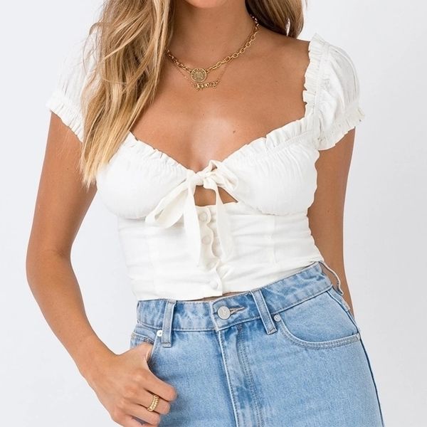 

women summer vneck solid bubble sleeve girls crop blouses y200622, White