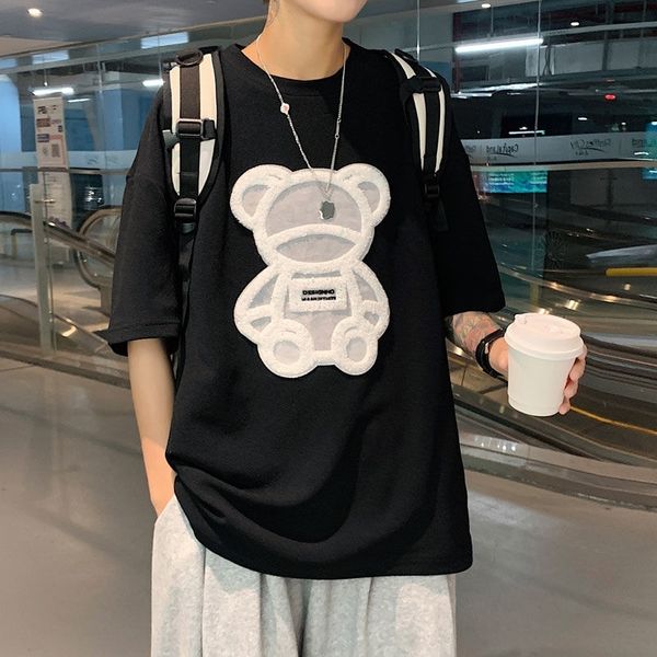 

privathinker flock printing bear mens tshirt short sleeve oversized male summer casual tees korean clothing 220608, White;black