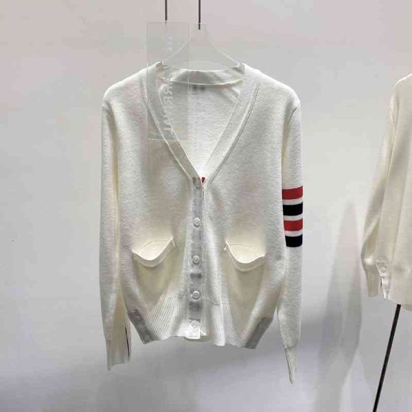 

women's knits tees lovers' same loose thin v-neck color contrast four bar long sleeve sweater cardigan spring and summer zblm, White