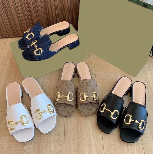 

designer sandals women horsebit sandal retro block heel high heels square toe open toe slippers metal buckle mid-heel pumpstop, Black