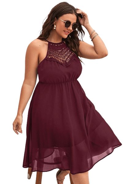 

plus guipure lace insert dress r58a#, Black