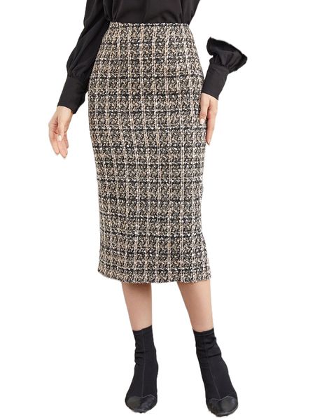 

split back plaid tweed skirt i3p1#, Black