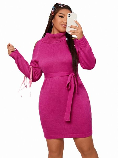 

plus turtleneck raglan sleeve belted sweater dress r79v#, Black