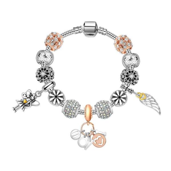 

17-21cm new charm beads silver plated bracelet angle wings pendant bangle snake chain wedding gift diy jewelry accessories246l, Golden;silver