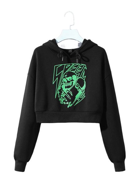 

x nomouthh drop shoulder letter & skull print hoodie 13fm#, Black