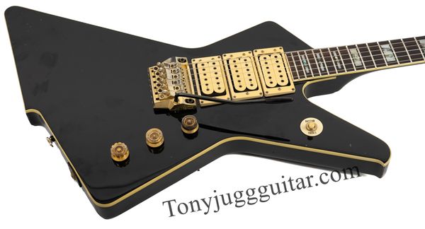 Seltene Destroyer II DT-555 Black Phil Collen Explorer E-Gitarre Floyd Rose Tremolo-Brücke, goldene Hardware, Block-Abalone-Einlagen, 3 doppelte cremefarbene Humbucker-Tonabnehmer