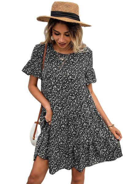 

ditsy floral print keyhole back ruffle hem dress 84zx#, Black;gray