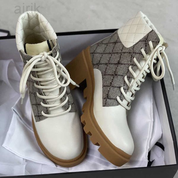 

women's ankle boot designer luxury martin desert boots beige and ebony genuine leather quilted lace-up winter shoes rubber lug sole, Black