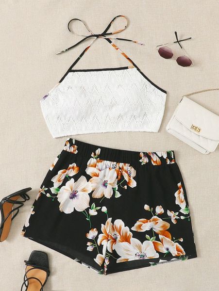 

plus guipure lace panel binding halter & floral print shorts v6rk#, Black
