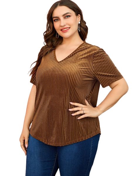 

plus v-neck curved hem velvet tee y52d#, Black