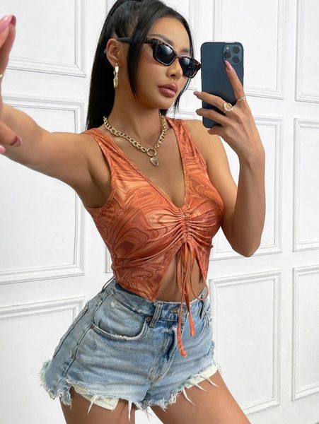 

marble print drawstring ruched crop tank u2z6#, White