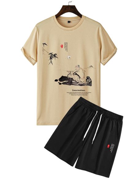 

men figure & slogan graphic tee & shorts c9jl#, Gray