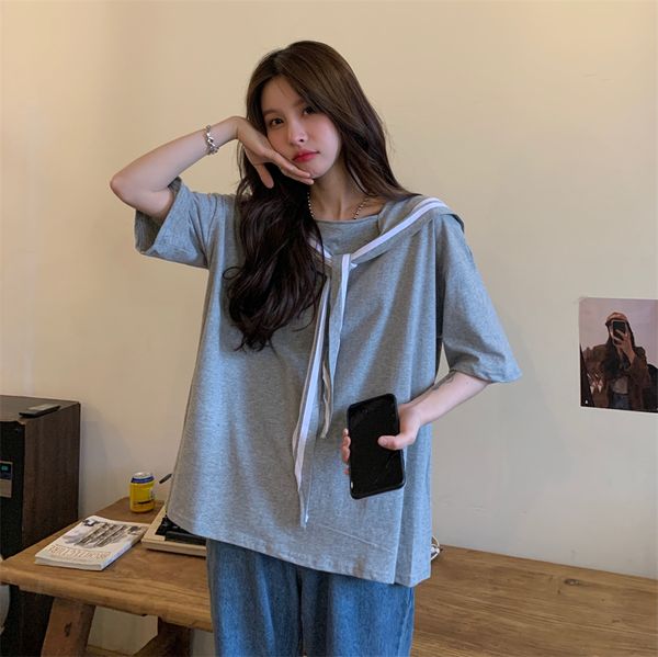

women's t-shirt korean sailor collar short sleeve t-shirts women fake two pieces tee shirt femme fashion summer girl black gray -xl, White