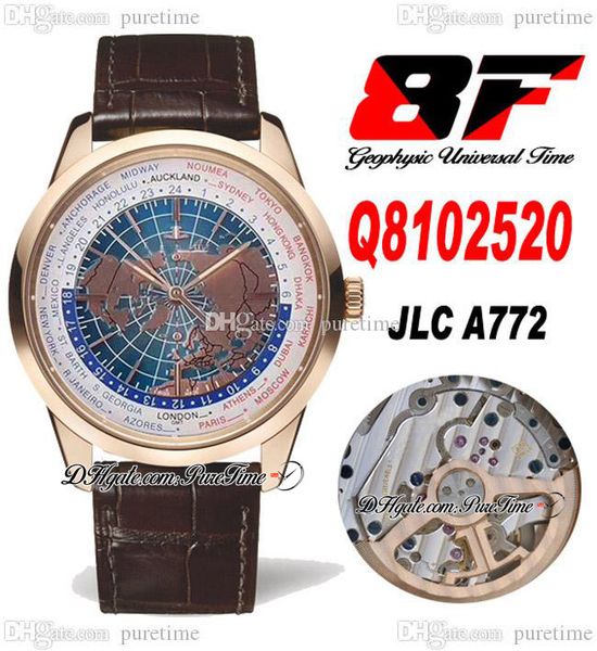 8F V2 Geophysic Universal Time Q8102520 JLC A772 Automatic Mens Watch Rose Gold 3D World Map Stick Dial Brown Bracelete Couro Super Edition Puretime