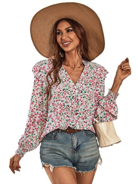 

ditsy floral ruffle trim shirred lantern sleeve blouse v0aq#, White
