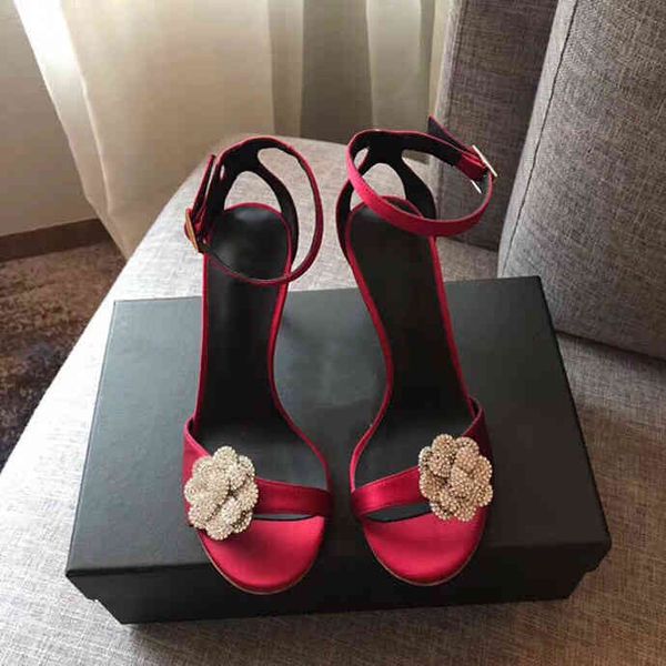 

sandals one-line high-heeled shoes flower buckle silk satin open toe temperament sandals, Black