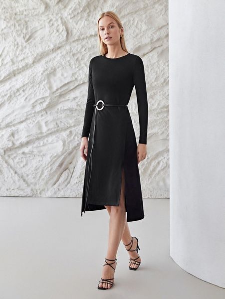 

motf premium split ring belted dress z5ca#, Black;gray