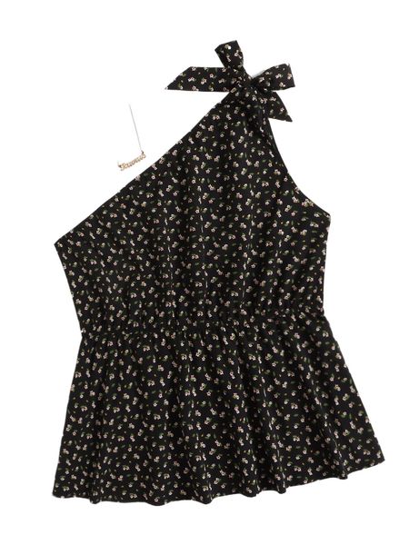 

plus ditsy floral one shoulder peplum blouse q5p4#, Black
