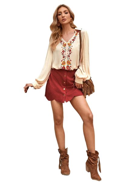 

floral button front lantern sleeve blouse b7q6#, White