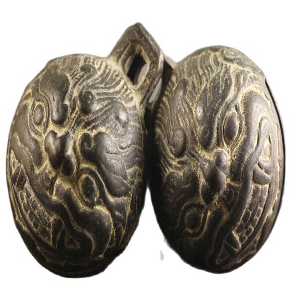 

a pair ancient china bronze bell old dragon head bronze bells, Black