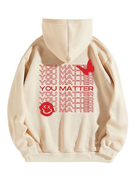 

letter & butterfly print drawstring thermal lined hoodie 70kg#, Black