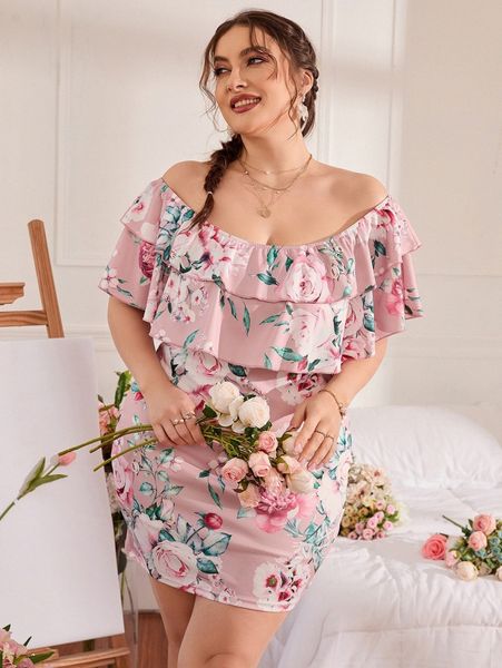 

plus floral print off shoulder layered ruffle trim bodycon dress g1qq#, Black
