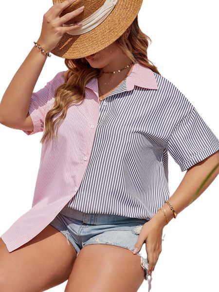 

plus striped colorblock button front blouse d46v#, Black