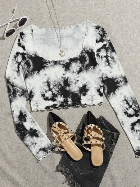 

scoop neck lettuce trim tie dye a3mz#, White