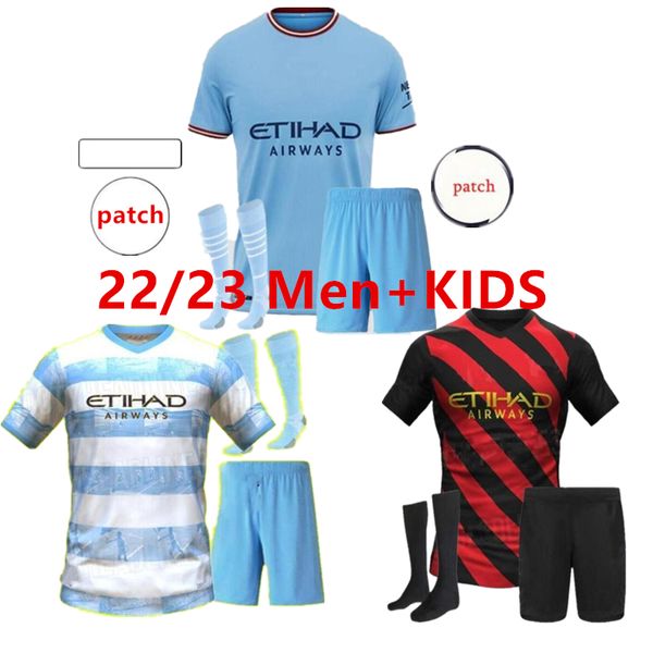 

22 23 haaland soccer jerseys grealish sterling mans cities mahrez fans player version de bruyne foden 2022 2023 football shirt kids kit set, Black;yellow