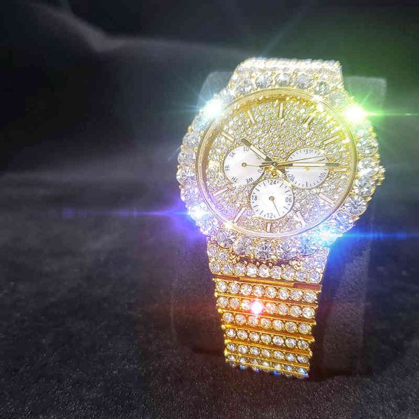 

missfox iced out big diamond men's quartz watch luxury three-eye decoration round watch men hiphop wristwatch man, Slivery;brown