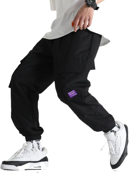 

men letter patched detail flap pocket drawstring waist cargo pants n4nl#, Black