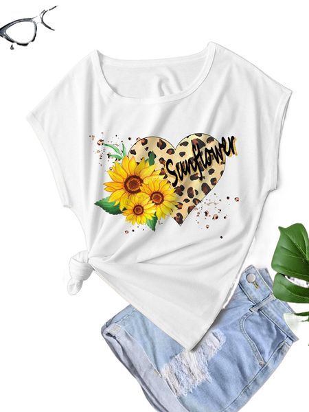 

letter & sunflower print batwing sleeve tee i90v#, White