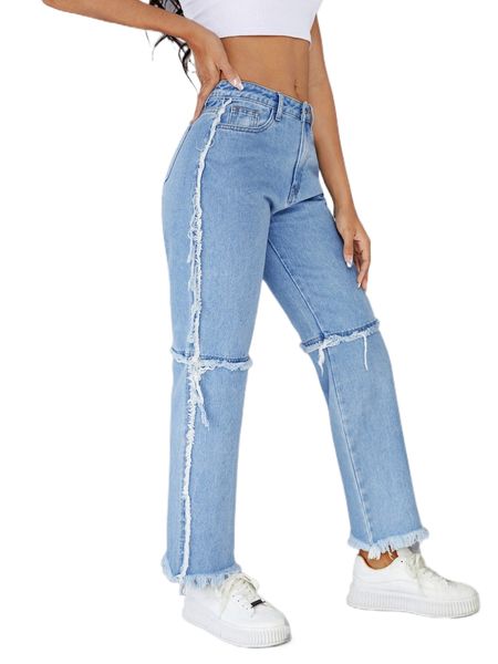 

fringe trim straight leg jeans r8af#, Blue
