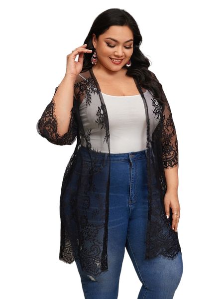 

plus sheer lace kimono c0ux#, Black;gray