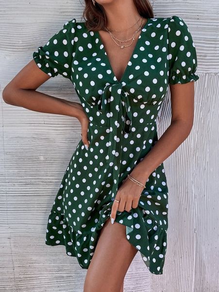 

polka dot flounce sleeve knot front dress a2j8#, Black;gray