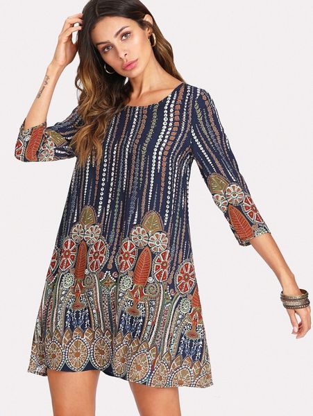 

3/4 sleeve mixed print tunic dress a6yo#, Black;gray