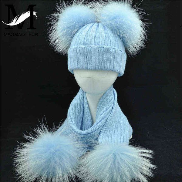 

winter real fur scarf and hat set kids large real raccoon fur balls hat double fur pom hats children girls warm scarf cap j220722, Blue;gray