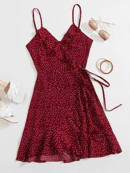 

polka dot knot side ruffle trim wrap cami dress w5un#, Black;gray