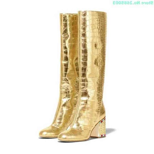 Altın Taş Desen Diz Yüksek Botlar Gösterdi To Toethick Yüksek Topuklu Seksi Kadınlar Moda Bahar Otomatik Parti Elbise Botlar Ayakkabı 220514