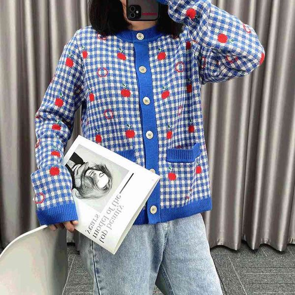 

women's knits & tees contrast blue plaid cardigan apple pattern fashion long sleeve threaded cuffs star same sweater fvbv, White